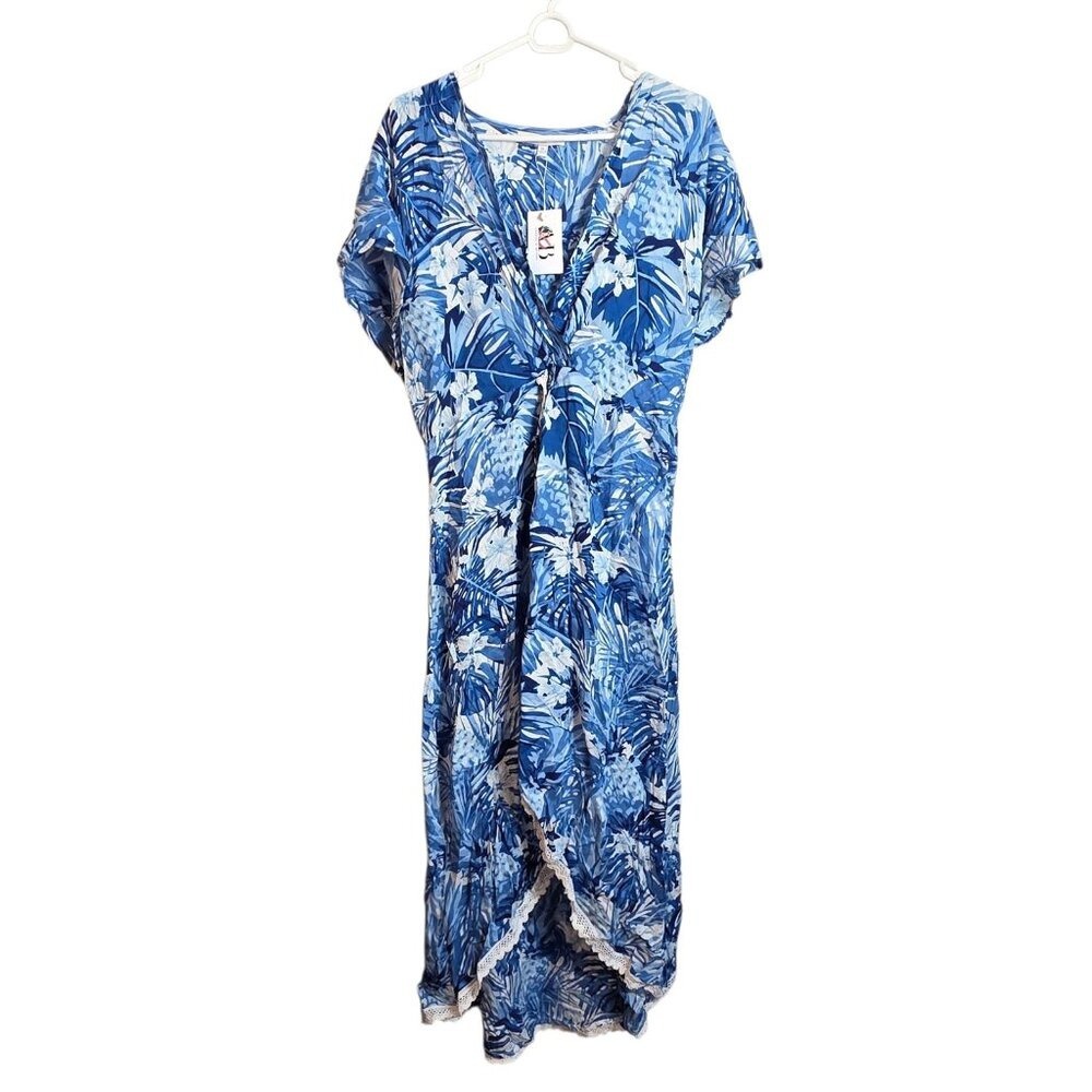America & Beyond Blue Tropical Maxi Dress Boho Resort Vacation Flowy Beach XL - Picture 4 of 15